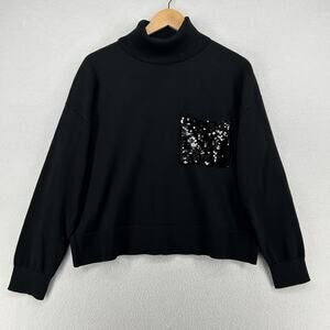 DKNY Sweater Womens M Turtleneck Sequin Pocket Pullover Cotton Blend Black